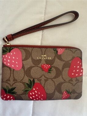 COACH Brown Signature Canvas Wristlet with Pink & Red Strawberry Print